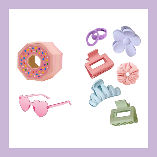 Kids Mid-Tier Party Pack which includes donut favour box, sunnies, hair band, scrunchie and clips