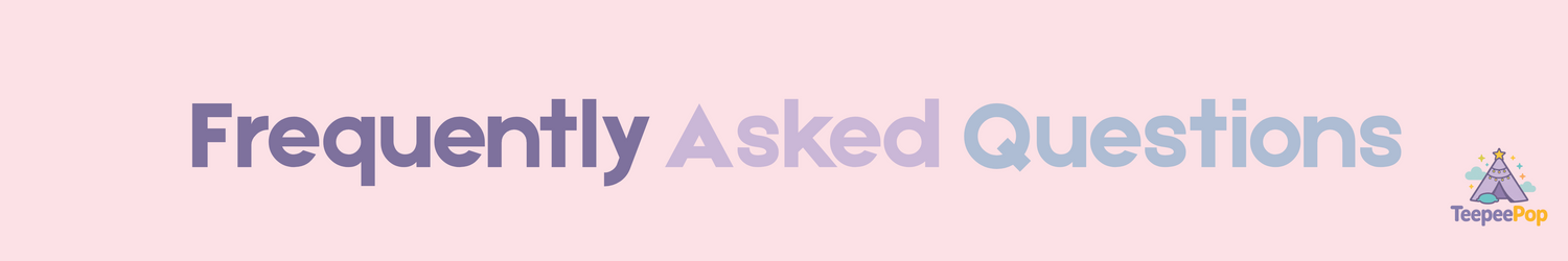 Teepee Pop FAQs banner featuring whimsical teepee graphics and playful icons, designed to guide customers through common questions about our party and glamping services.