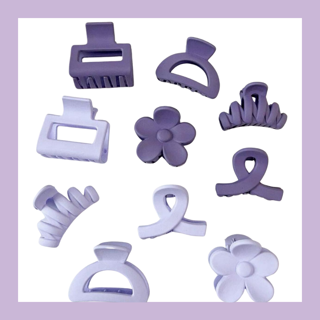 Kids Small Assorted clips in colour purple. Designs include cute flower, swirls, etc.