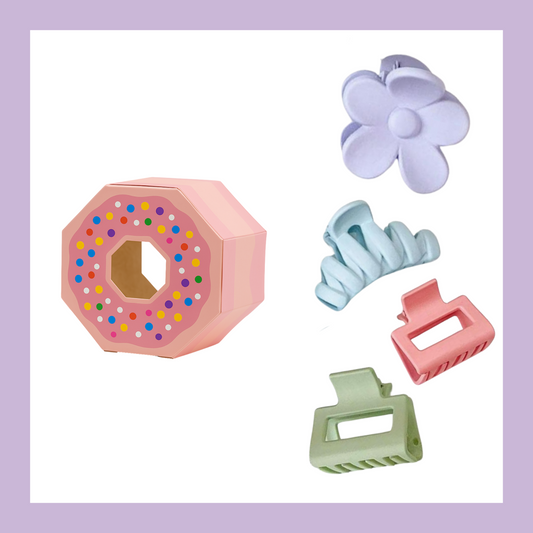 Starter party pack which includes donut favour box and kids clips in assorted colours either purple, pink, blue or green.