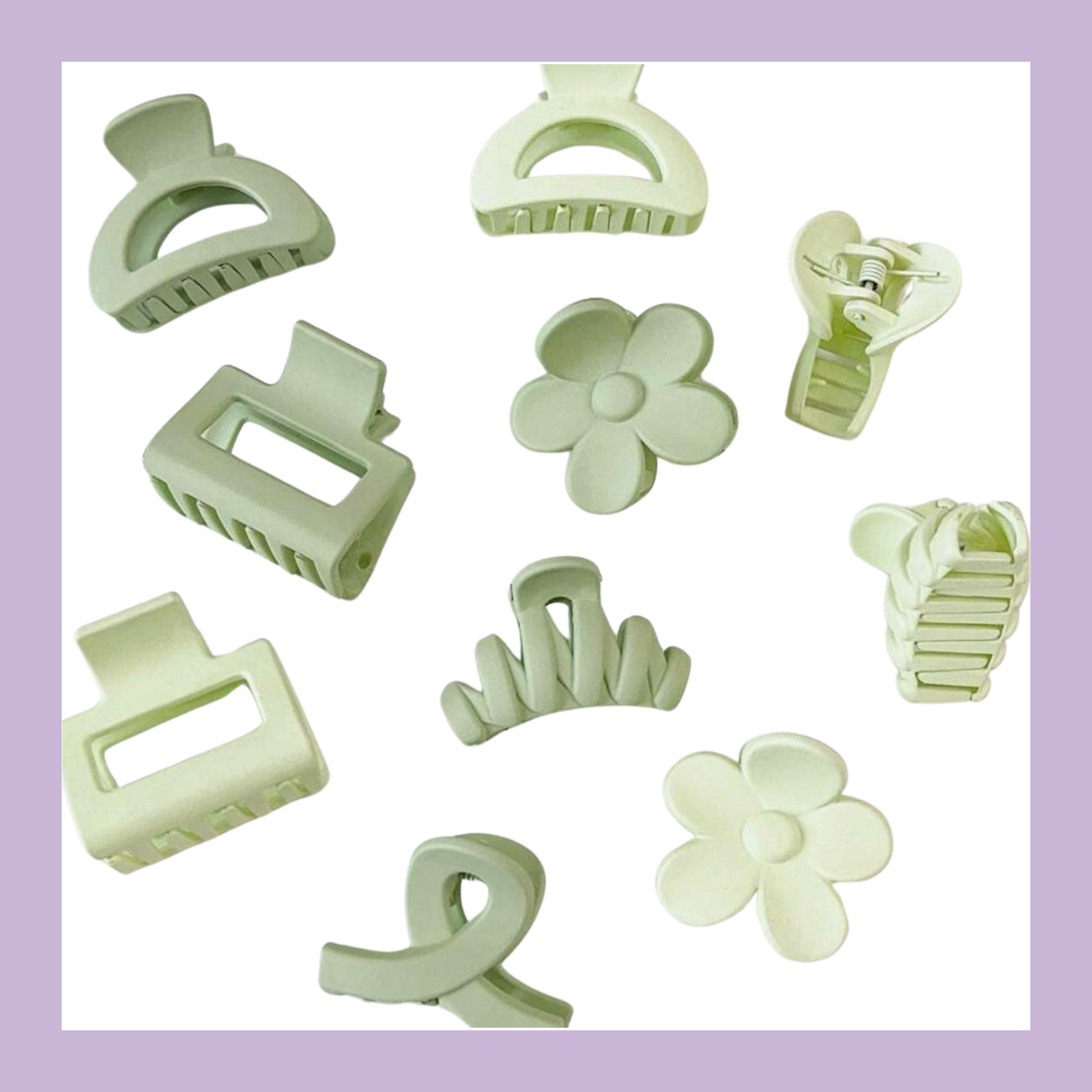 Kids assorted hair clips in colour light green/sage. Designs include flower, claw clip, swirl pattern, etc.