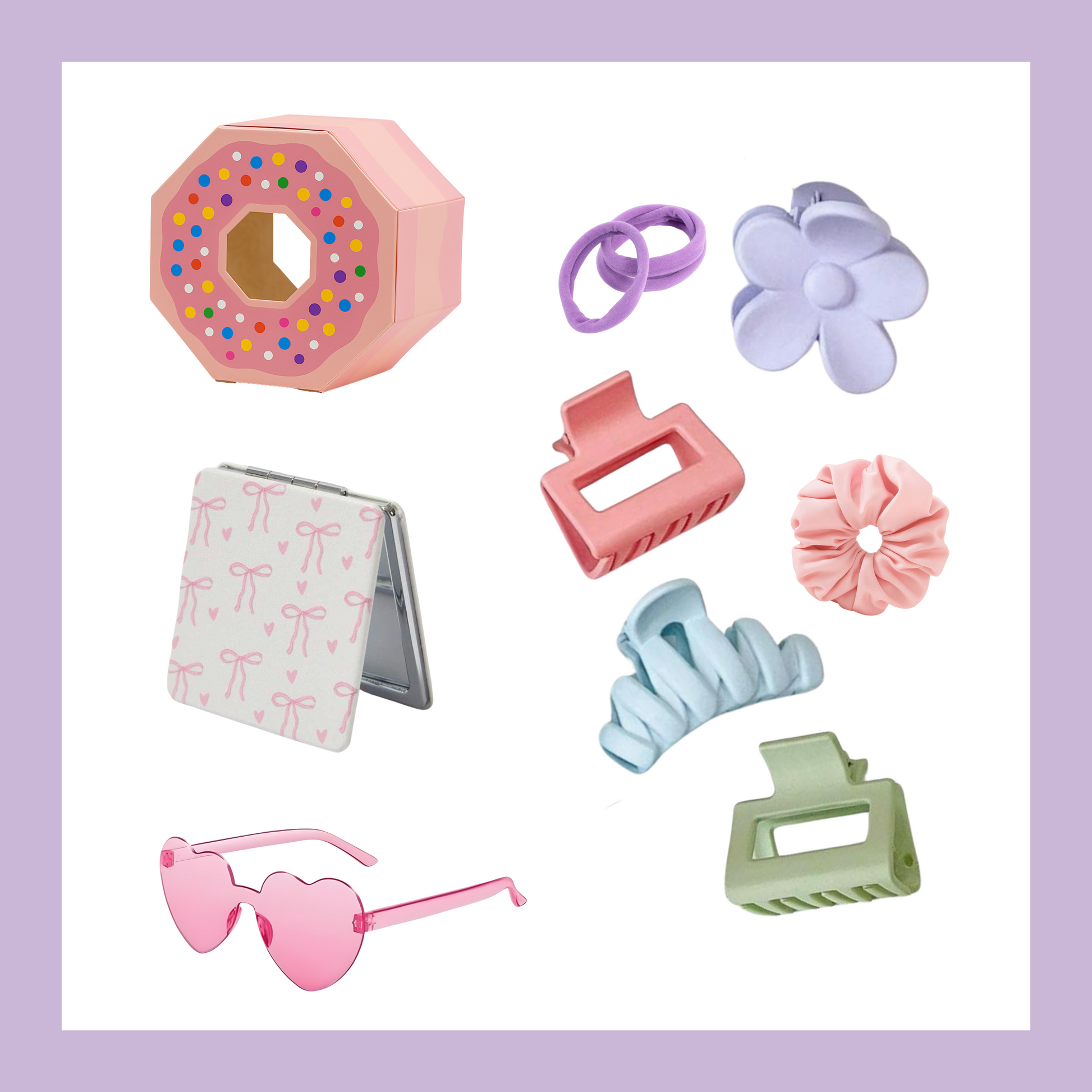 top-tier party pack for kids which includes favour box, compact mirror, sunnies, hairbands, clips and scrunchie.