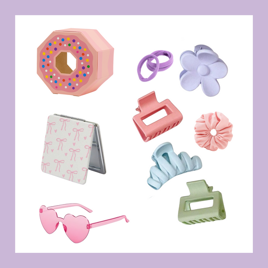 top-tier party pack for kids which includes favour box, compact mirror, sunnies, hairbands, clips and scrunchie.